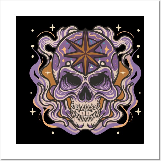 Spooky Halloween Skull and Star Head Tattoo Art Wall Art by Goku Creations